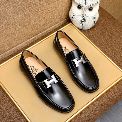 Hermes Men’S Loafer Moccasin Polish Leather With H Silver In Black
