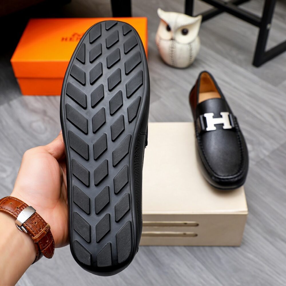 Hermes Men’S Loafer Moccasin Leather With H Silver Black