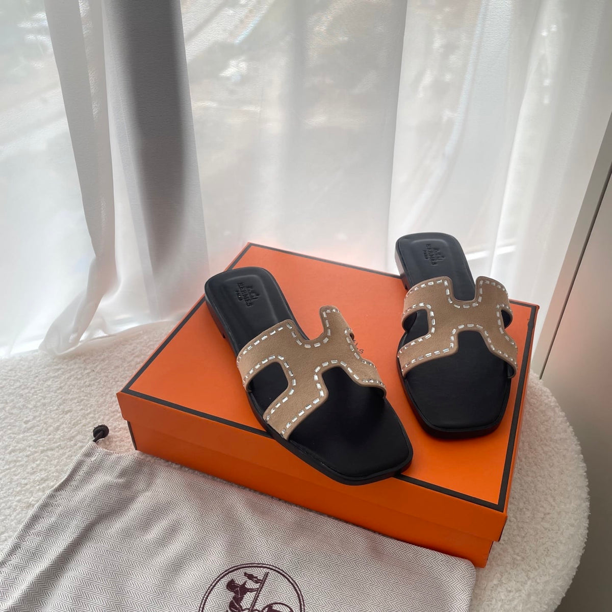 HERMES ORAN SANDAL BROWN AND BLACK