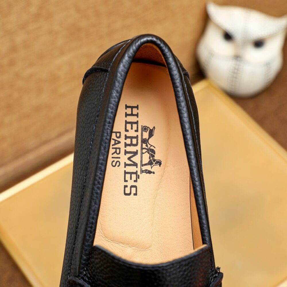 Hermes Men’S Loafer Moccasin Leather With H Silver Black