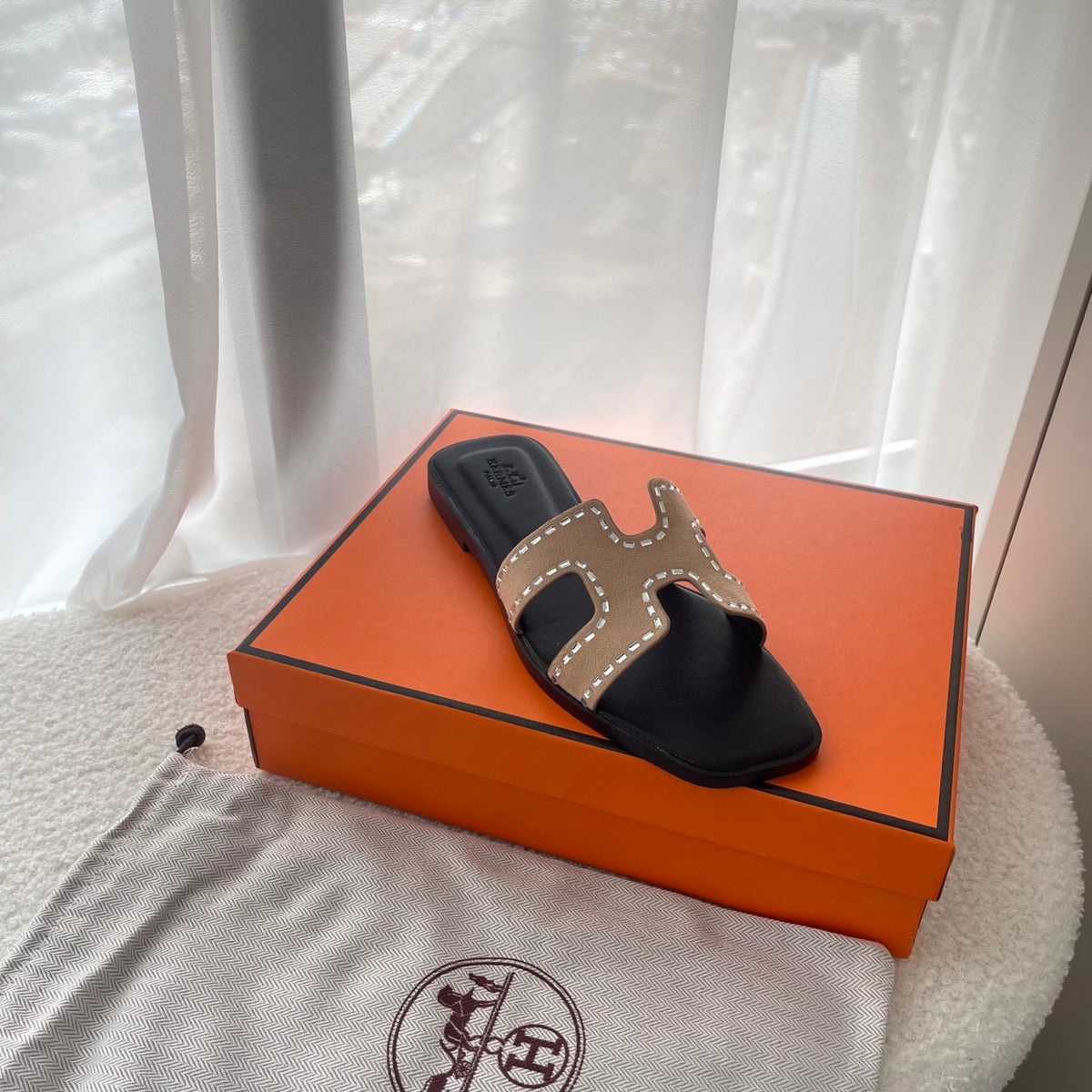 HERMES ORAN SANDAL BROWN AND BLACK