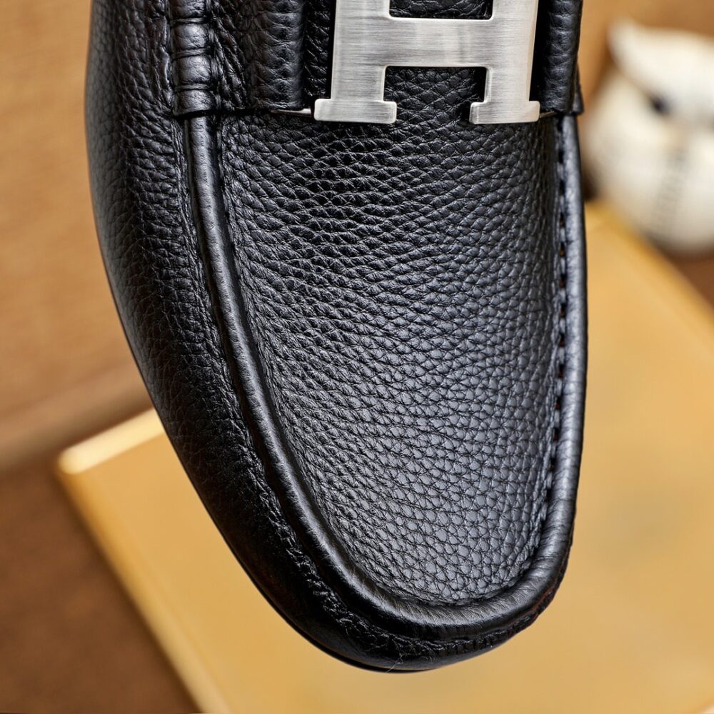 Hermes Men’S Loafer Moccasin Leather With H Silver Black