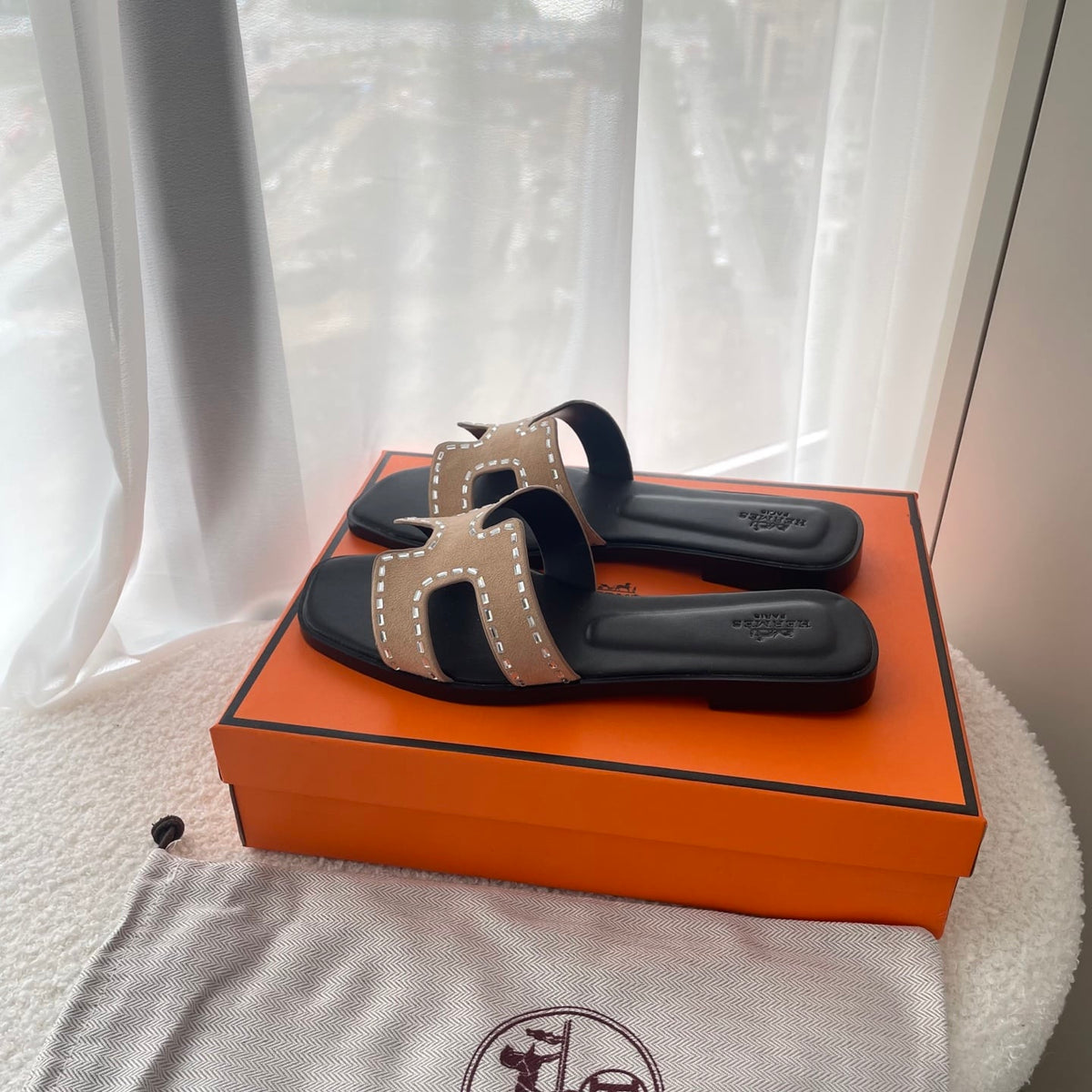 HERMES ORAN SANDAL BROWN AND BLACK