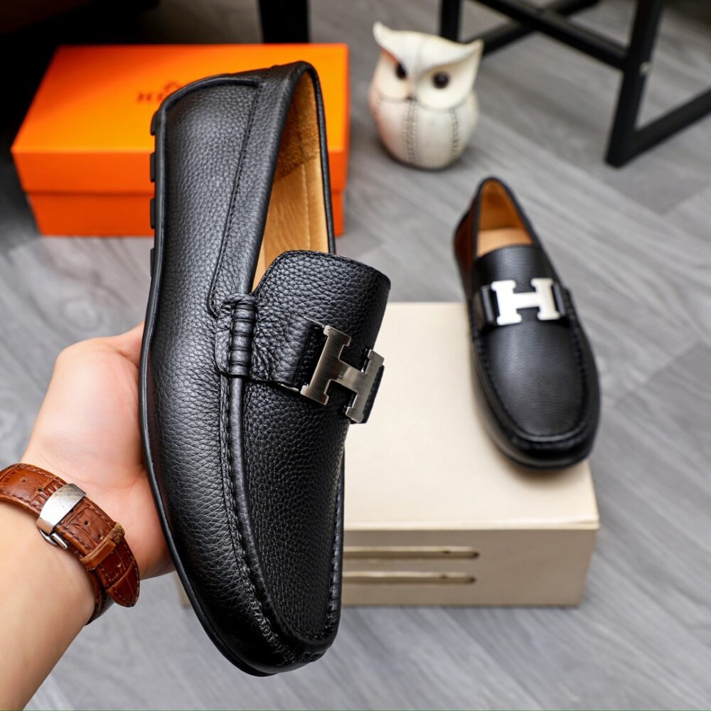 Hermes Men’S Loafer Moccasin Leather With H Silver Black