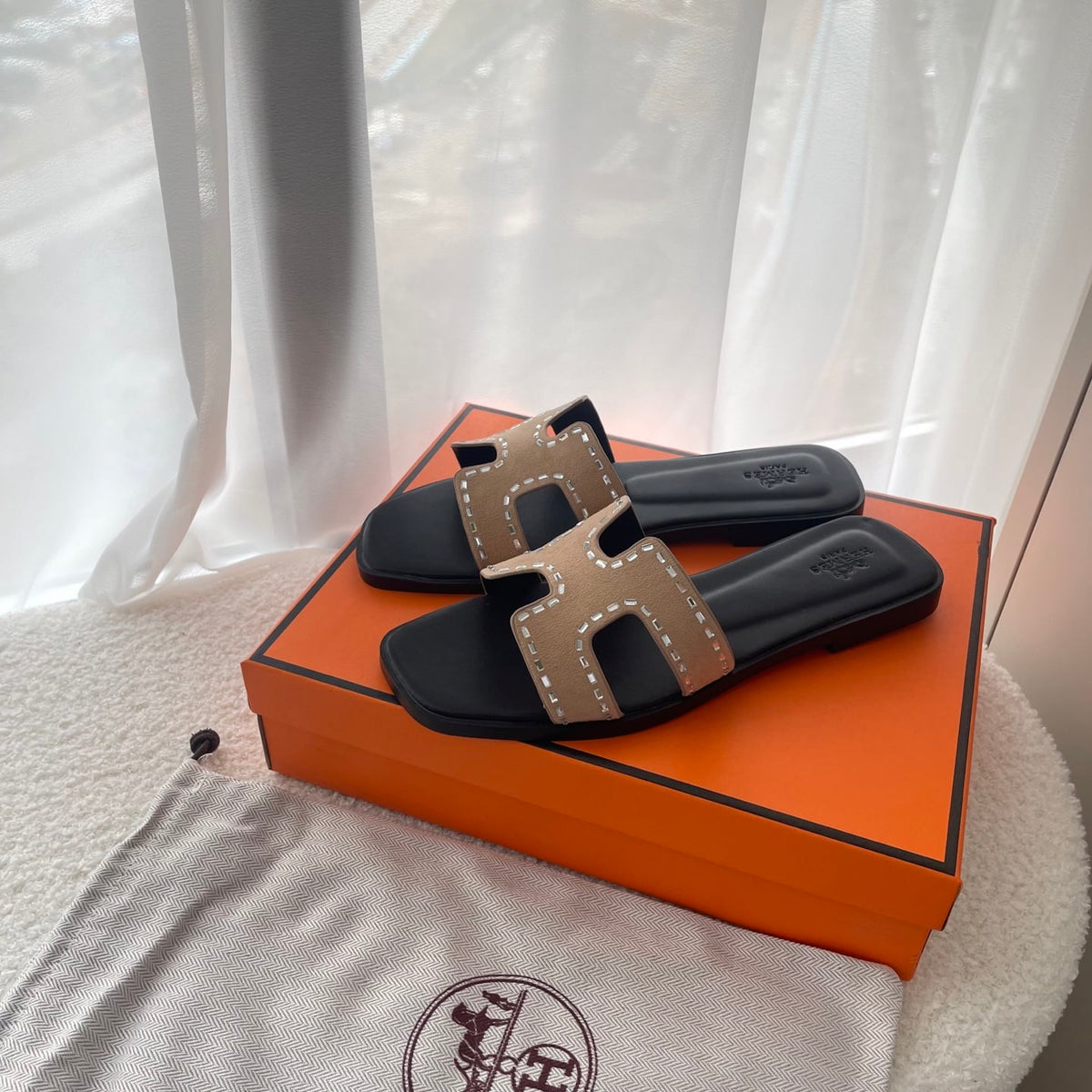 HERMES ORAN SANDAL BROWN AND BLACK