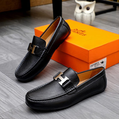Hermes Men’S Loafer Moccasin Leather With H Silver Black