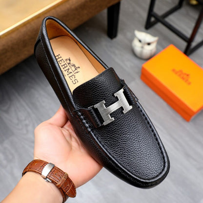 Hermes Men’S Loafer Moccasin Leather With H Silver Black