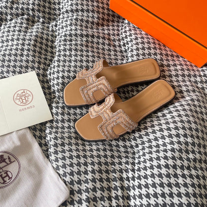 HERMES ORAN SANDAL BEIGE MACRAMÉ NUDE H212010Z 3E350