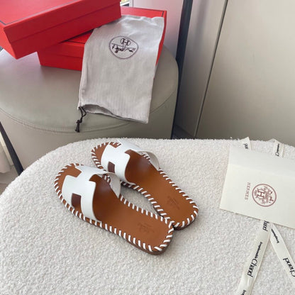 Hermes Oran Sandals Stitching In Brown And White