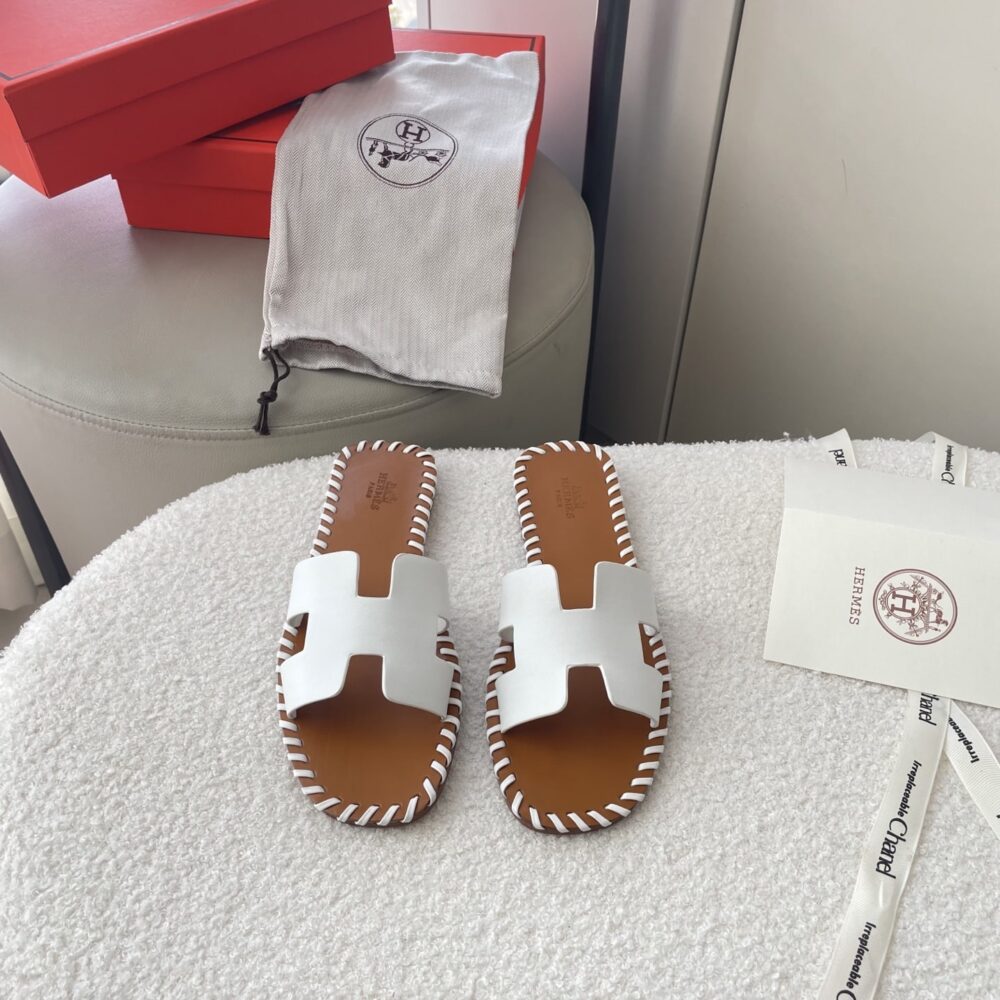 Hermes Oran Sandals Stitching In Brown And White