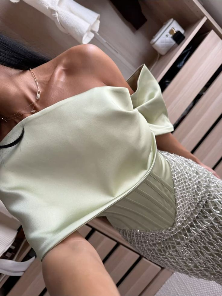 Unique Sage Green Off The Shoulder Satin Sequin Mermaid Long Evening Dress Birthday Prom Gown SP1474