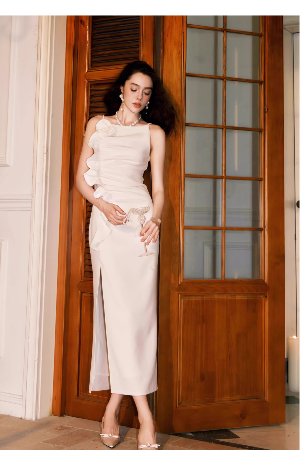 Elegant White Sleeveless Satin Pleated Ruffle slit Long Wedding Guest Dress Formal Birthday Party Dress SP2002