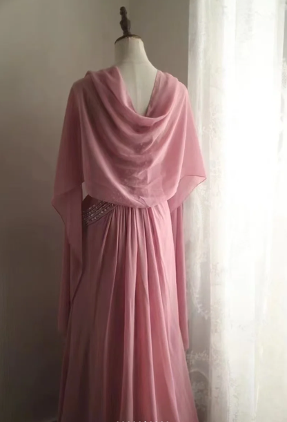 Fairy Pink Chiffon Sequin Beaded Mermaid Long Party Dress Birthday Evening Gown