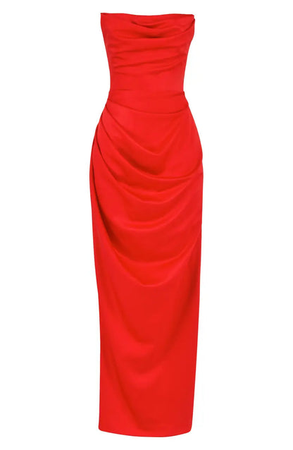 Elegant satin strapless sleeveless off shoulder and floor length off back prom dress