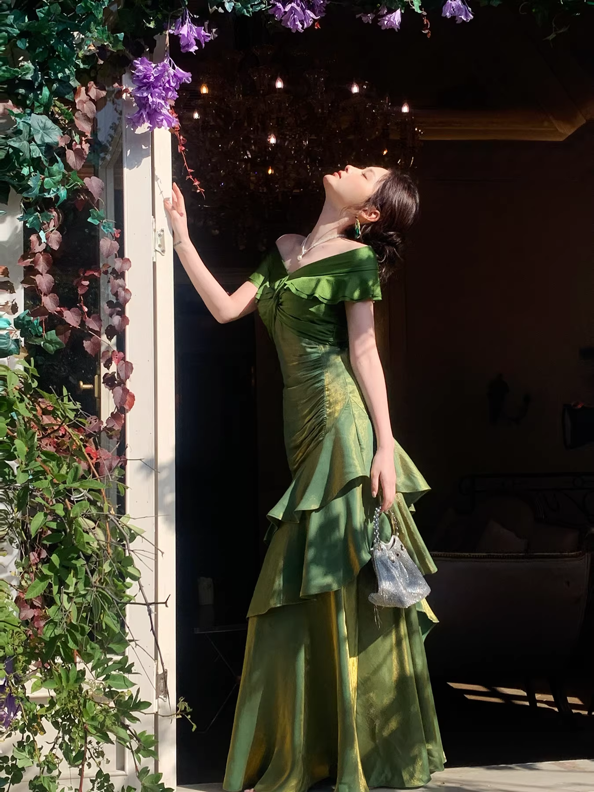 Glamorous Off The Shoulder Green Satin Ruffles Layered Mermaid Evening Dress Long Birthday Outfits SP1644