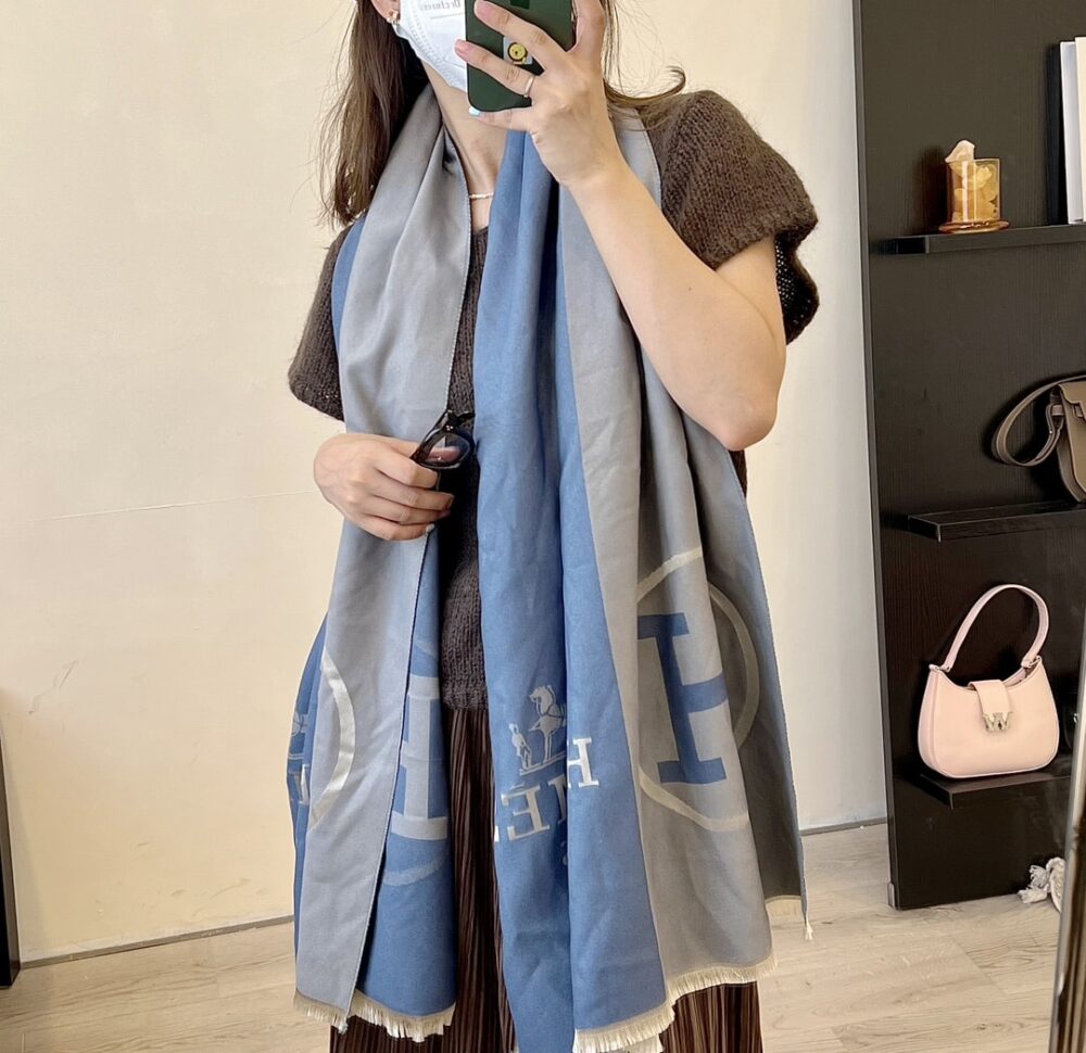Hermes H Letter Cashmere Muffler Blue