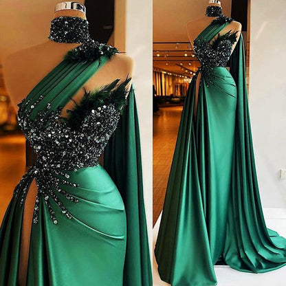 Luxury One-Shoulder Beads Evening Dress Mermaid Green Women Sexy Prom Gown With Train Satin Backless Feather c2577