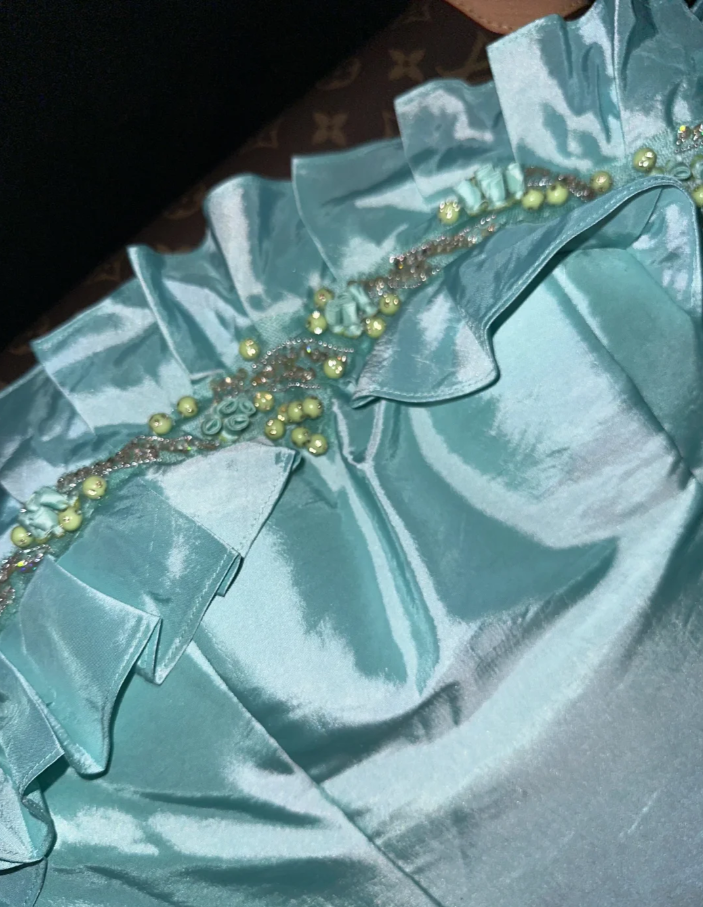 Charming Mint Green Strapless Satin Beaded Long Wedding Guest Dress Formal Birthday Party Dress Prom Gown SP1422