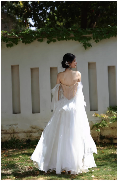 Fairy Off The Shoulder White Chiffon Pleated Pearls Long Party Dress Birthday Evening Gown