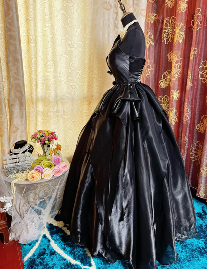 Fashion Strapless Black Satin Tulle Beaded Long Birthday Prom Dress Evening Gown SP1619