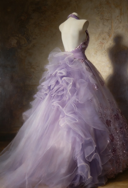 Princess Halter Ball Gown Lavender V Neck Tulle Flowers Sequin Long Birthday Quinceanera Dress Sweet 16 Dress SP1525