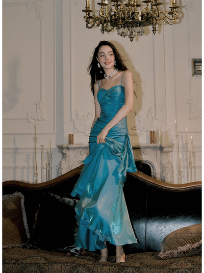 Elegant Spaghetti Straps Blue Satin Pleated Ruffles Layered Mermaid Long Party Dress 19th Birthday Outfits SP1978