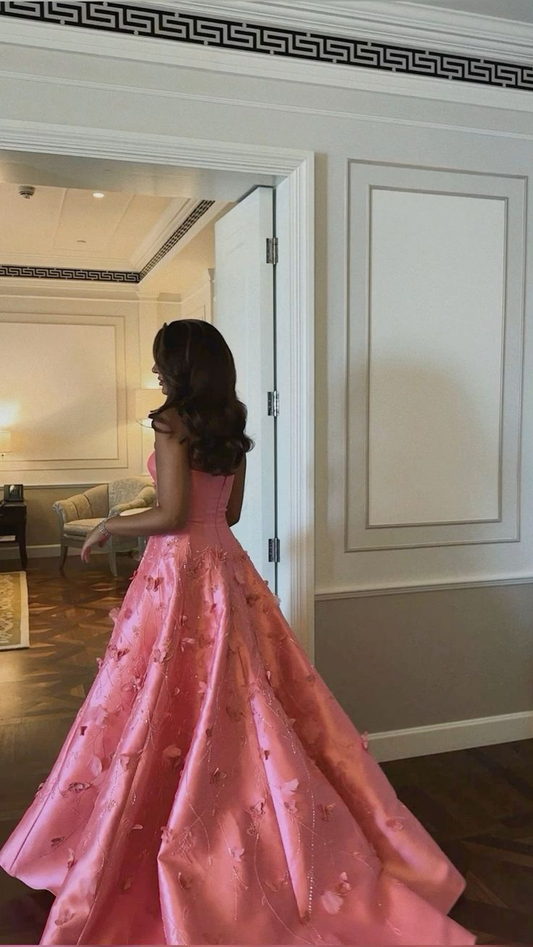 Luxurious Sweetheart Pink Satin Long Prom Dress A Line Evening Gown cc2119