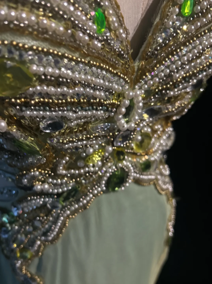 Pretty Sage Green Halter Satin Tulle Butterfly Beaded Mermaid Evening Dress Long Party Gown SP1864