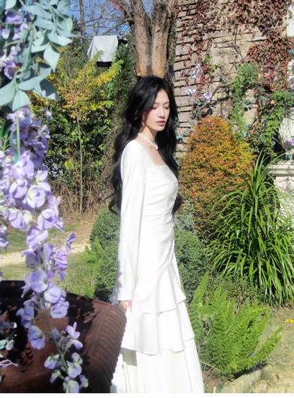 Elegant White Square Neck Satin Layered Ruffles Mermaid Long Evening Dress Birthday Dress SP1646