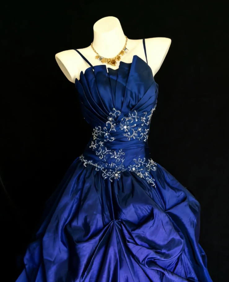 Elegant Spaghetti Straps Satin Pleated Beaded Ball Gown Royal Blue Long Birthday Party Dress SP1640