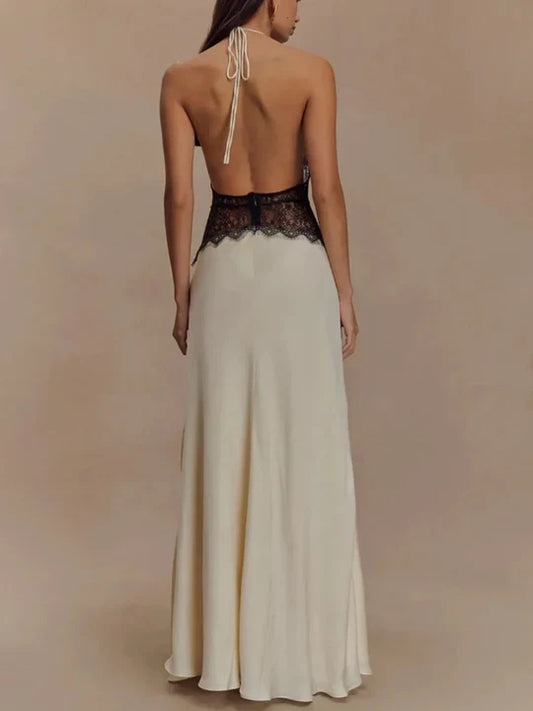 Charming Lace V-neck Prom Dress Sheath Halter-neck Evening Dress Long Formal Dress TP4716