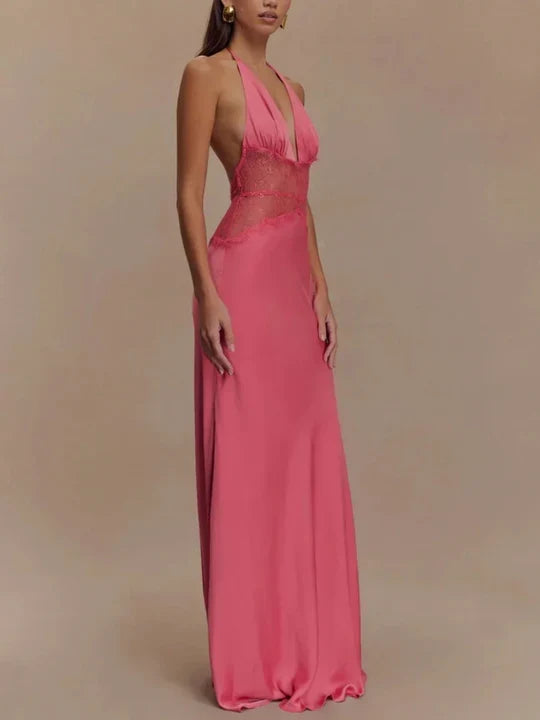 Charming Lace V-neck Prom Dress Sheath Halter-neck Evening Dress Long Formal Dress TP4716