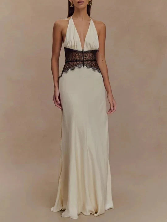 Charming Lace V-neck Prom Dress Sheath Halter-neck Evening Dress Long Formal Dress TP4716