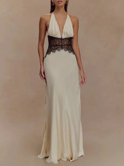 Charming Lace V-neck Prom Dress Sheath Halter-neck Evening Dress Long Formal Dress TP4716