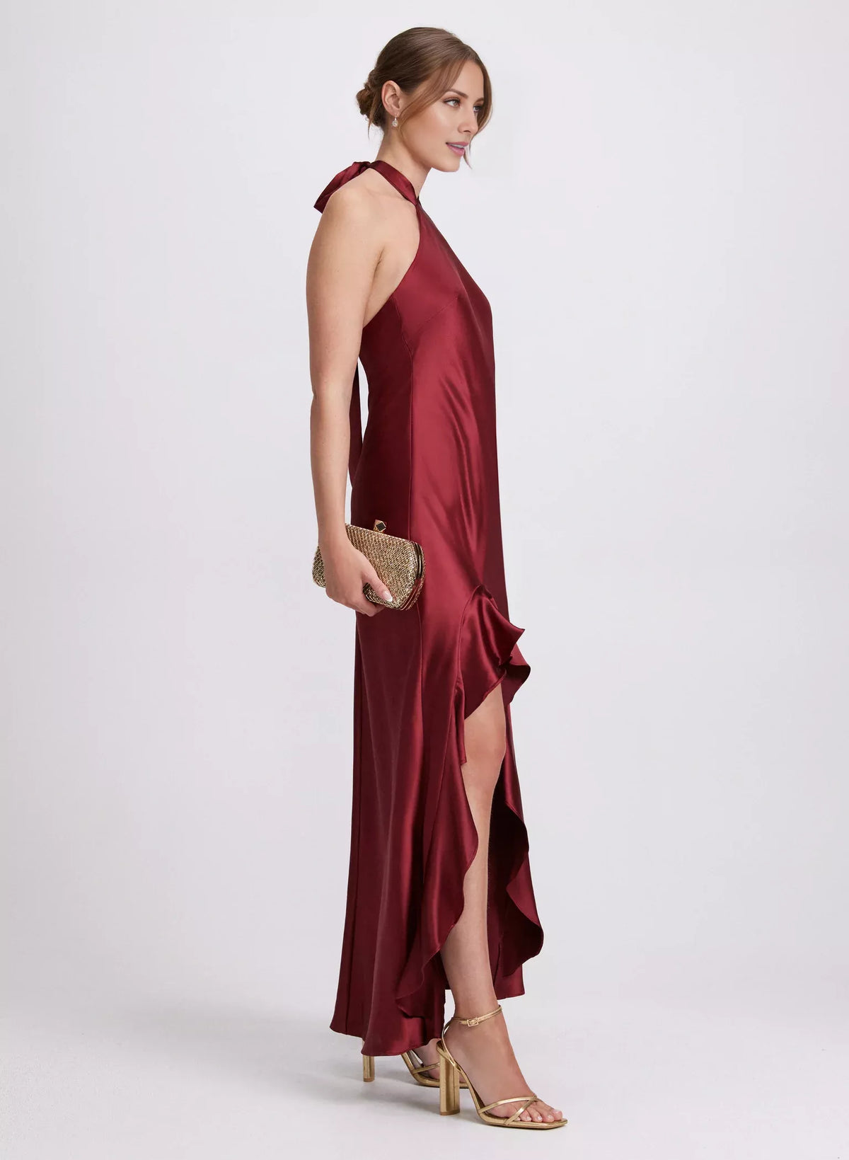 Hanging collar sleeveless backless side split ruffle edge and floor length evening dress