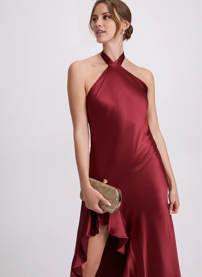 Hanging collar sleeveless backless side split ruffle edge and floor length evening dress
