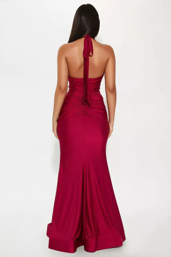 Hanging neck collar sleeveless backless side slit and floor length evening dress