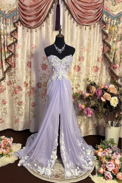 Pretty Strapless Tulle Lace Appliques Beaded Mermaid Slit Evening Dress Purple Birthday Party Gown
