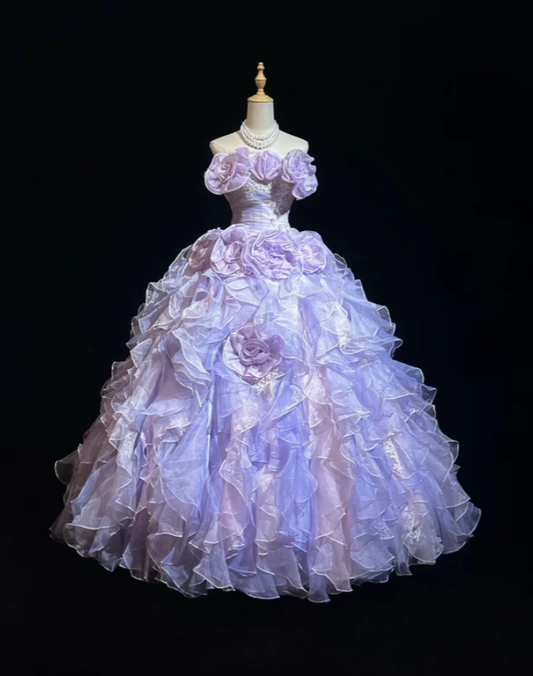 Fairy Princess Ball Gown Lilac Strapless Organza Pleated Ruffles Birthday Quinceanera Dress With Appliques SP1818