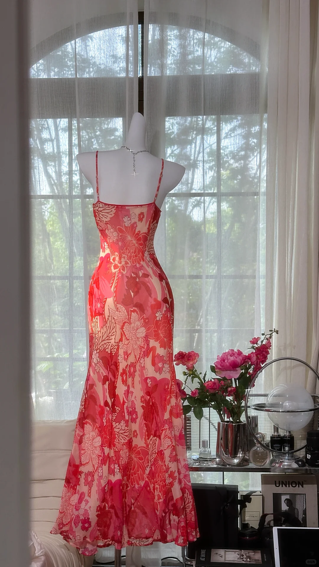 Pretty Spaghetti Straps V Neck Red Chiffon Print Floral Mermaid Evening Dress Long Birthday Prom Gown