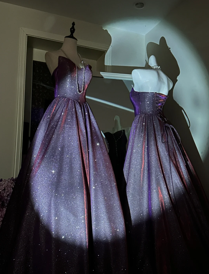 Sparkly Purple Strapless Satin Sequin Long Wedding Guest Dress Formal Party Dress SP1414