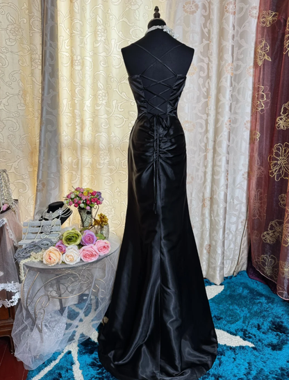 Fashion Black Spaghetti Straps Satin Beaded Mermaid Long Evening Dress Formal Wedding Guest Dress SP1614