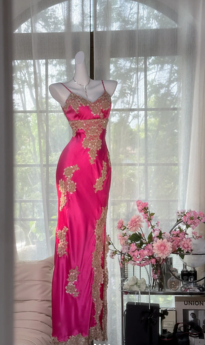 Pretty Hot Pink Spaghetti Straps V Neck Satin Lace Appliques Slit Long Prom Dress Birthday Party Gown