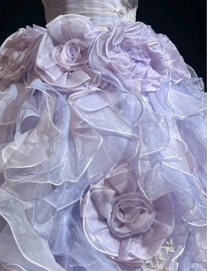 Fairy Princess Ball Gown Lilac Strapless Organza Pleated Ruffles Birthday Quinceanera Dress With Appliques SP1818