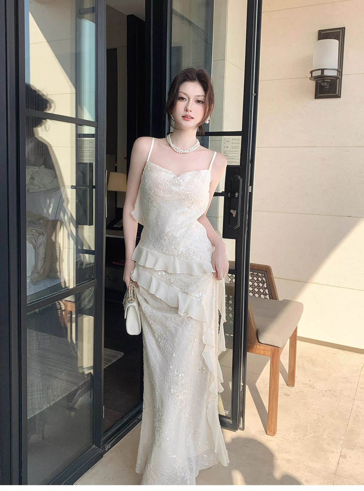 Shiny Spaghetti Straps Light Apricot Sequin Ruffles Mermaid Long Wedding Guest Dress Formal Birthday Prom Dress Party Gown SP1496