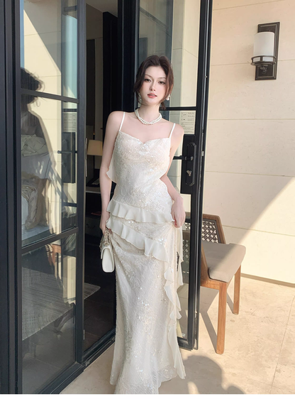Shiny Spaghetti Straps Light Apricot Sequin Ruffles Mermaid Long Wedding Guest Dress Formal Birthday Prom Dress Party Gown SP1496