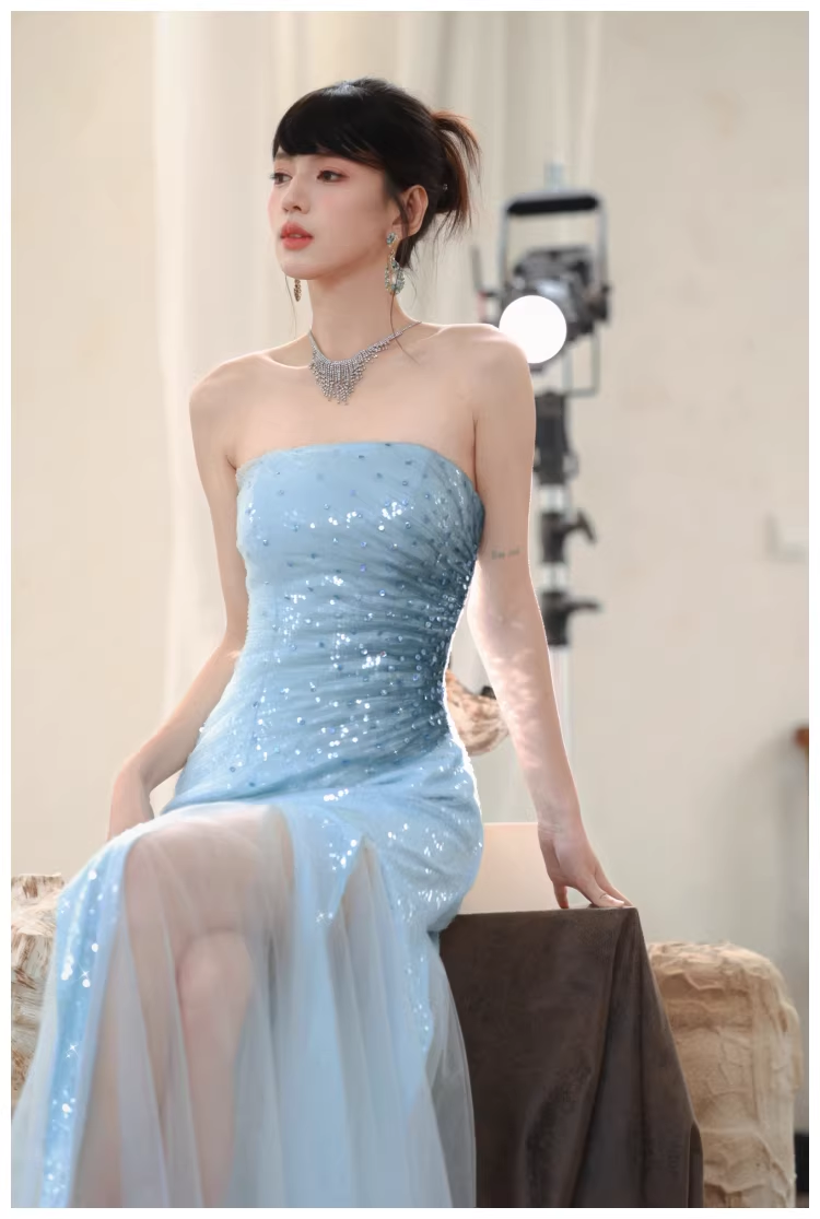Charming Strapless Blue Tulle Sequin Beaded Mermaid Long Evening Dress Birthday Party Gown