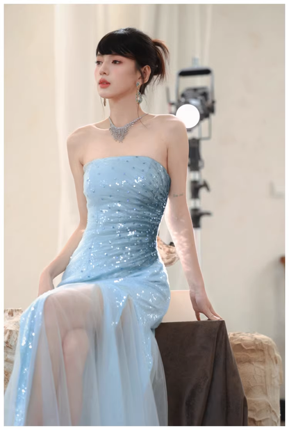 Charming Strapless Blue Tulle Sequin Beaded Mermaid Long Evening Dress Birthday Party Gown