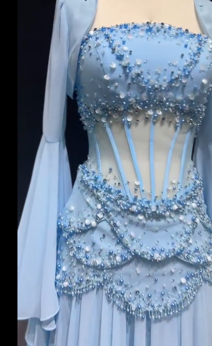 Elegant Blue Chiffon Beaded Long Party Dress Birthday Prom Dress SP1362