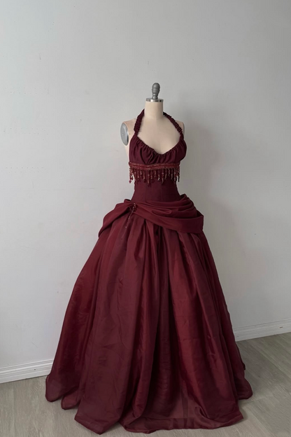Burgundy vintage long beaded dress gh6643